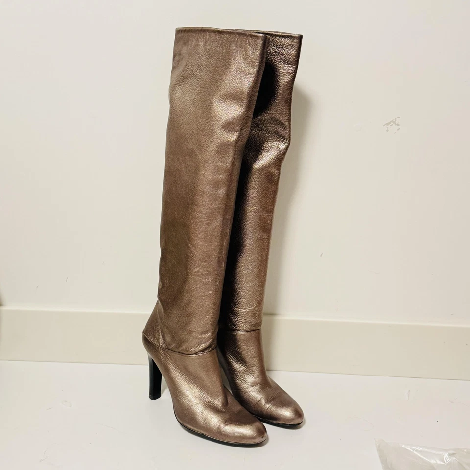 Stuart Weitzman Boots Womens 8 Brown Gold Metallic Leather Knee High Heel - Image 2 of 4