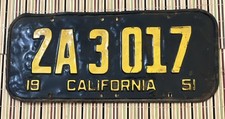 California 1951 License Plate 2A3017 Black Yellow Collectible