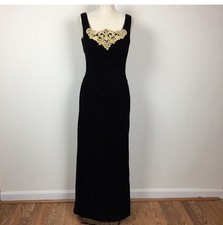 Whimsigoth formal 90s black Velvet Gown maxi Dress Gold embroidery renaissance