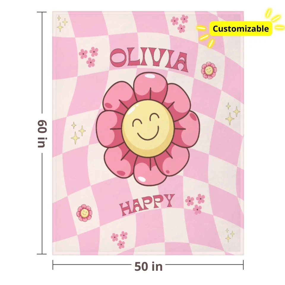 Personalized Groovy Pink and White Plaid Happy Flower Throw Blanket - Image 3 of 4