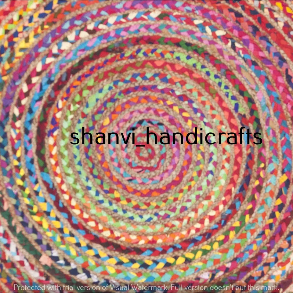 Handmade Round Braided Rug Hand Woven Jute Cotton Rug Multi Chindi Round Rug Mat - Image 3 of 4