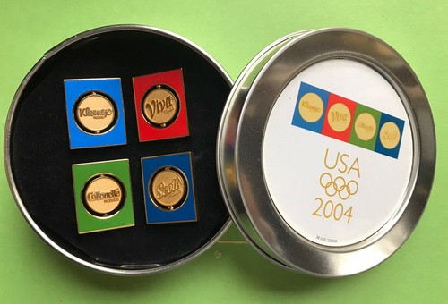 ATHENS 2004 OLYMPIC GAMES SPONSOR Enamel PIN KIMBERLY CLARK Brand 4 PINS SET TIN - Picture 1 of 12