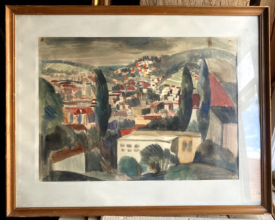 ::WATERCOLOR STUTTGART FOR R S-T BY J. HARDER 1955 CITY EXPRESSIONIST ROOFS