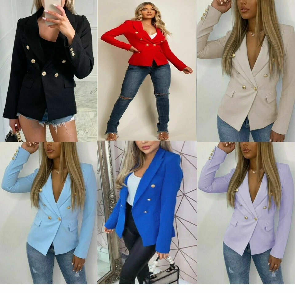 Women’s Gold Button Blazer Ladies Double Breasted Smart Formal Office Jacket - Image 3 of 4