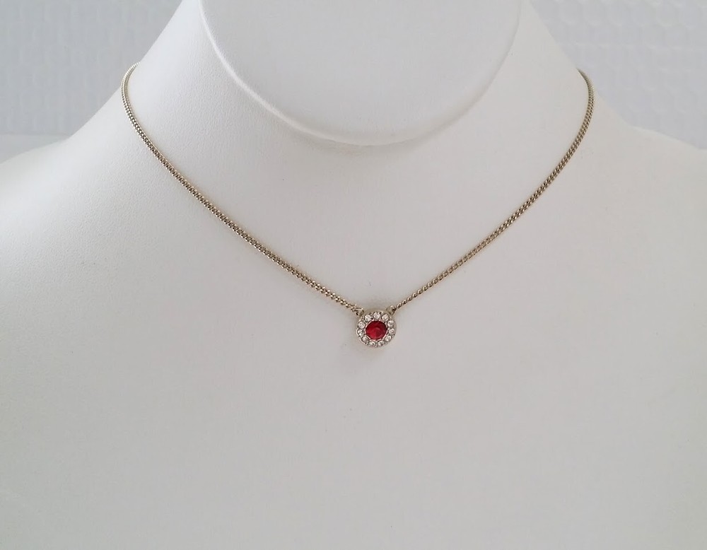 Signed GIVENCHY Simulated Ruby Red Crystal Halo Solitaire Pendant Necklace