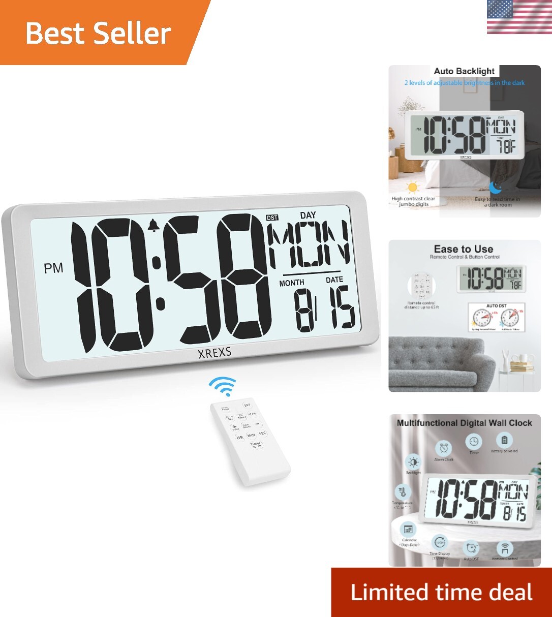Battery Operated 14.17 Inch Large Display Clock - Remote & A