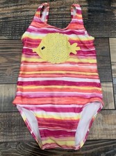 Gymboree Girls Pink Yellow Fish Stripe Nwt Swimsuit 12-18 M