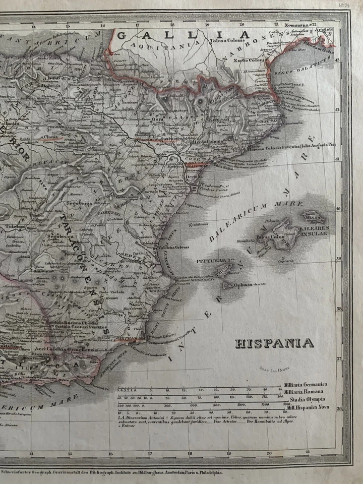 1852 ANCIENT SPAIN & PORTUGAL ANTIQUE HAND COLOURED MAP BY MEYER - Image 3 of 3