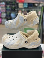 Crocs Baya Lined Fuzz Strap Mens Womens Clogs Marble White  Multiple Sizes