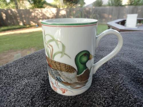 Fitz & Floyd Canard Sauvage Green Mallard Duck Green & Orange Rim White Mug