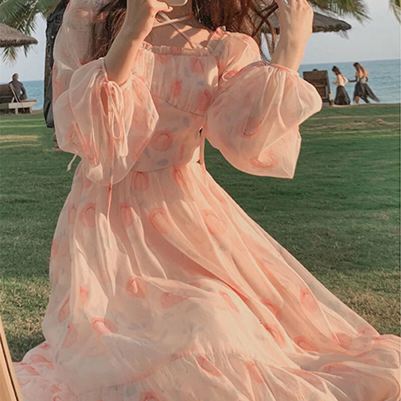 Women sweet Princess Short Sleeve Printed Chiffon Dress High Waist