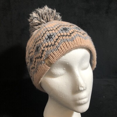 Womens TIMBERLAND BIG POM BEANIE Winter Knit Ski Hat Pink Geometric FLEECE  LINED