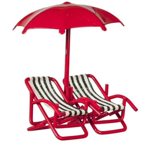 Chaises doubles et parapluie maison de poupées 1:24 demi-pouce mobilier de jardin de plage - Photo 1/8