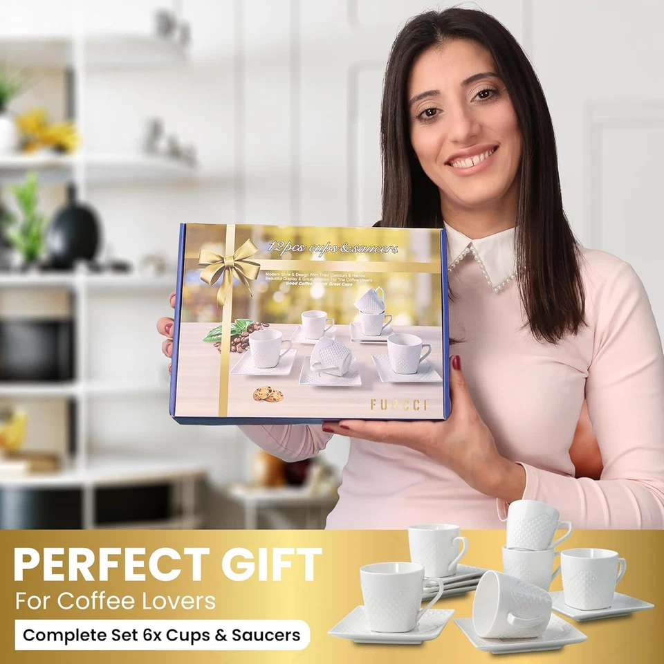 Taza de café espresso con platillo, juego de tazas de café turco, juego de tazas de café espresso blanco Foto 2 de 4