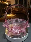 7" Handled Basket,  Pink/ purple glass Fenton Cabbage Rose pressed art glass