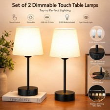 Set of 2 Touch Bedside Table Lamps with 3-Way Dimmable Light – Off-White Fabric 