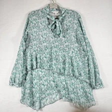 LC Lauren Conrad V-Neck Tie Front Tunic Lined Blouse Shirt Top Blue Green L