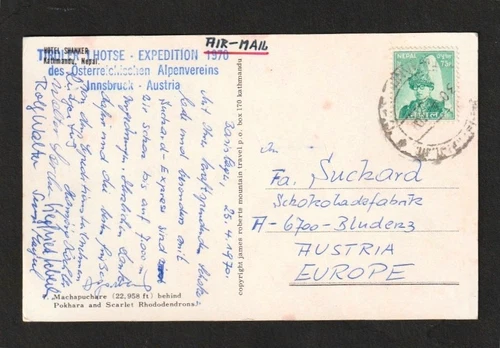 Flugpost Karte Tiroler Lhotse Expedition 1970 ÖAV nach Bludenz