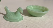Depression Style Jadite Green Glass Mini Hen On Nests-2  1/2”