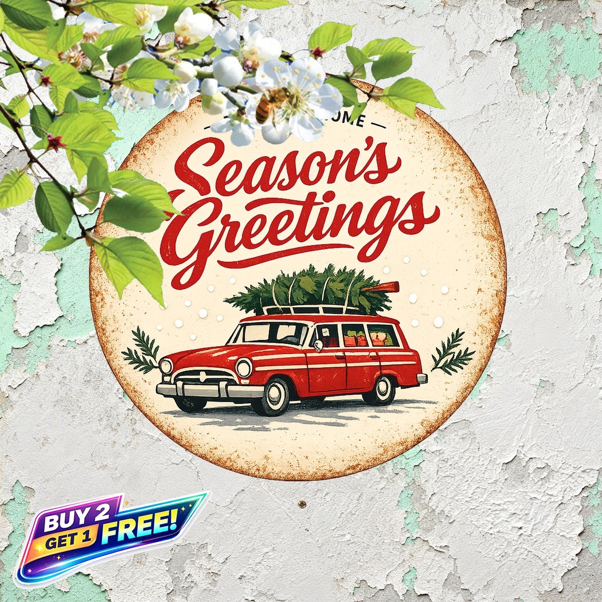 Red Christmas Truck Tin Sign Rustic Holiday Home Decor