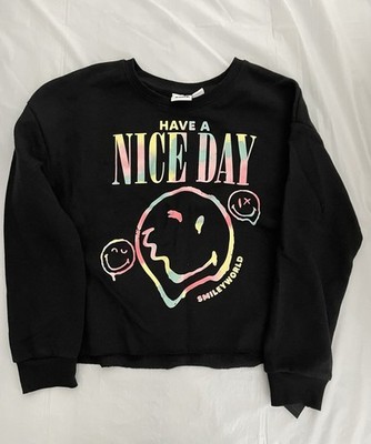 Girls Smiley World  Have A Nice day  Sweatshirt Cropped Black Large (10-12) NWT
