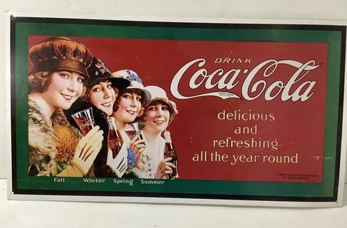 Coca-Cola Coke Tin Metal Wall Soda Sign Ladies Seasons 17.5" x 9.5" Vintage 90’s