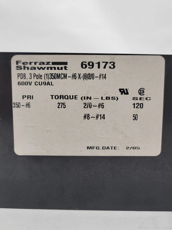 Ferraz Shawmut 69173 Wire Distribution Block 3P 600V CU9AL PDB - Image 2 of 4