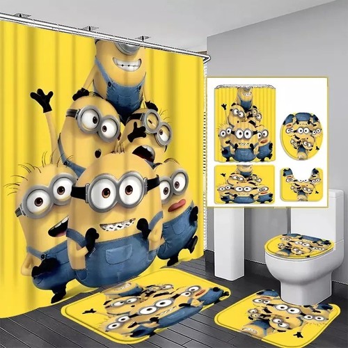 Minion Shower Curtain Set Waterproof with Toilet Seat Cover Non-Slip Bath Mat
