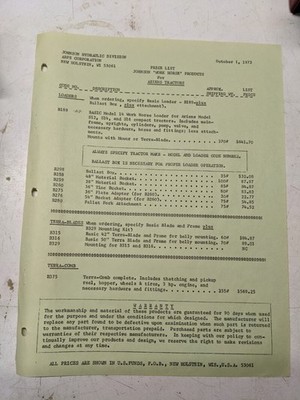 JOHNSON WORK HORSE MODEL 14 LOADER ARIENS TRACTORS S12 S14 S16 PRICE LIST 1973