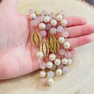 Authentic VTG regal Napier high end leaf Necklace rose quartz pearl gold plated signed 32"