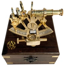 Vintage Style Sextant Navigation Telescope Compass, Wood Box, Gift for Collector