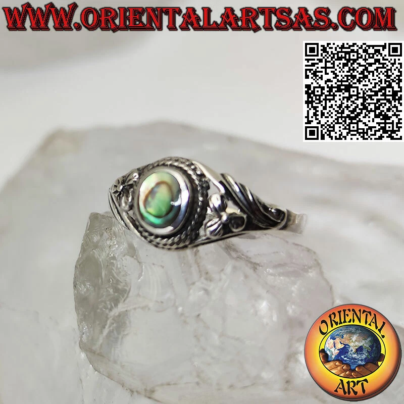 Anello in Argento 925‰ abalone paua shell e decorato con un fiore di lilla sui u - Immagine 4 di 4
