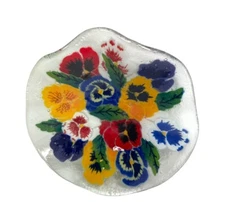 Peggy Karr Fused Clear Art Glass Ruffle Bowl 8" Hand Painted Pansies Unsigned