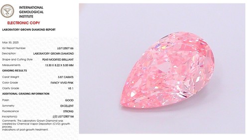 3,87 Birne Lab gezüchteter Diamant für Verlobungsring IGI zertifiziert Fancy Vivid Pink VS1