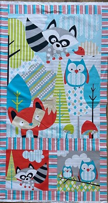 WOODLAND ANIMALS RACOON OWLS FOX  24''X44'' QUILT PANEL BABY NURSERY SEWING FABRIC