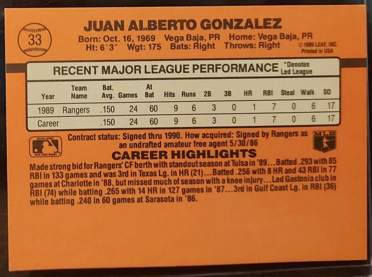 ゴンザレス出品 Juan Gonzalez: RARE Error Card | eBay