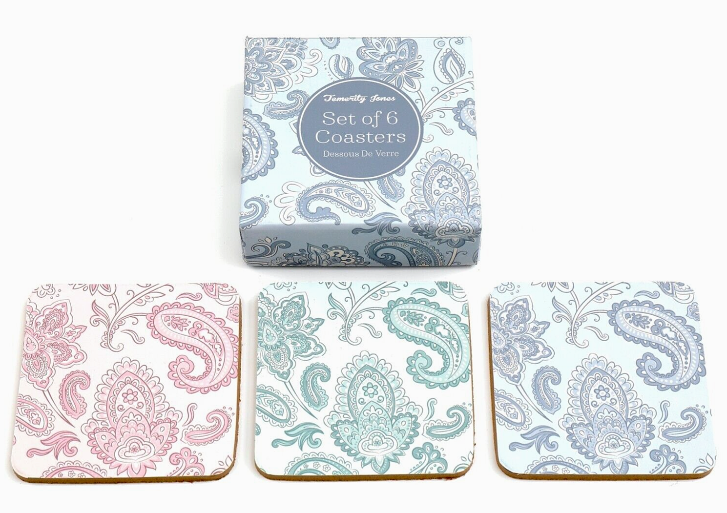 Set Of 6 Temerity Jones Coasters Gift Boxed Cork Drink Mug Coaster Tea Coffee