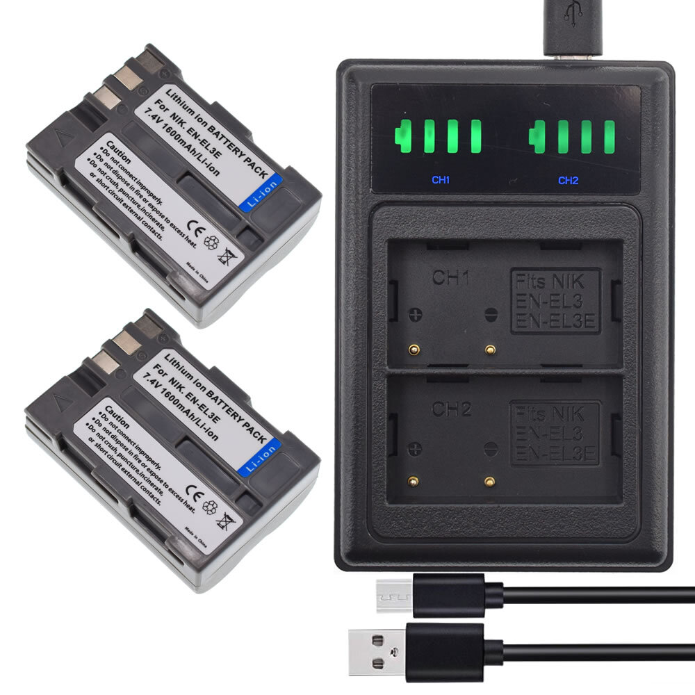 2pcs 1600mAh EN-EL3 EN-EL3e EN-EL3A Battery +LCD Charger for Nikon