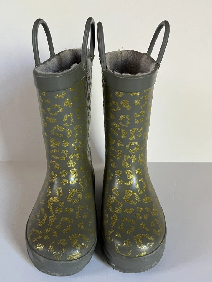 Botas de chuva de borracha Western Chief criança menina tamanho 7/8 cinza estampa animal dourado - Imagem 2 de 4