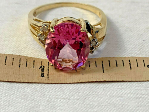 10k Yellow Gold Pink Stone Diamond Accent Ring Sz 6.75 Jewelry 3.97g Round Prong - Picture 10 of 12
