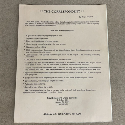 Vintage Roger Wagner The Correspondent SDS Affordable Text Editor Apple II 1979