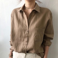 Womens Linen Cotton Button Blouse Tops Casual Collared Long Sleeve Shirts UK