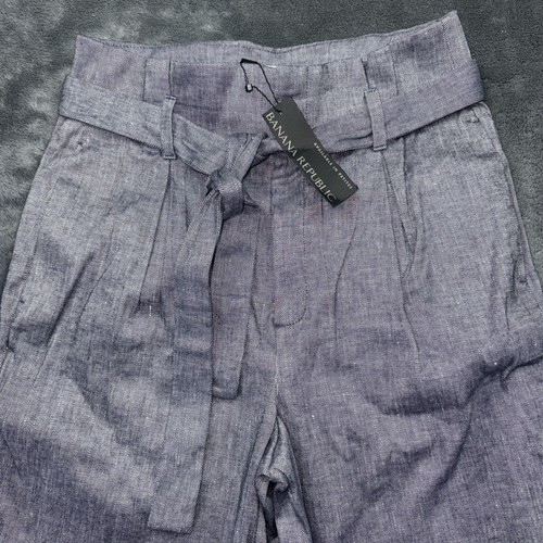 Banana Republic Pants Womens 8 Blue Linen Blend Paperbag Belted Twill Wide Leg