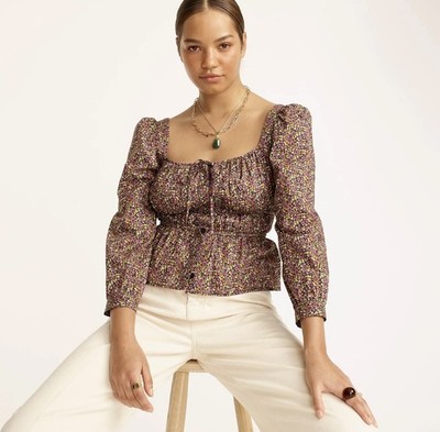 J Crew $148 Liberty Art  Busy Izzy Smocked Squareneck Cotton Top Blouse size 10 