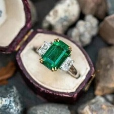 4.20Ct Green Emerald Cut Engagement Ring Trilogy Solitaire 14k White Gold Finish