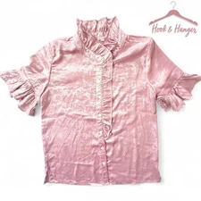 Boutique Ivy Jane Rose Pink Metallic Ruffled Edge Button Blouse XS Cottagecore