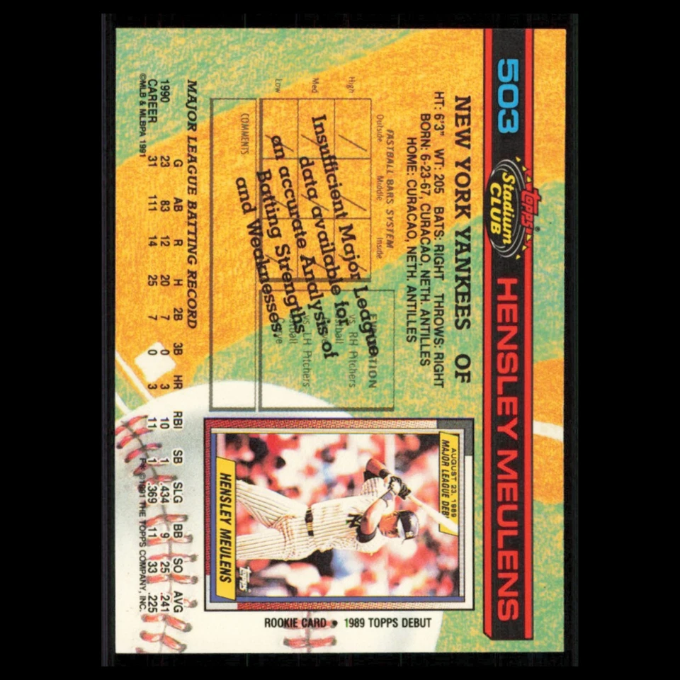 Hensley Meulens #503 1991 Topps Stadium Club New York Yankees Baseball Card MLB - Image 2 of 3