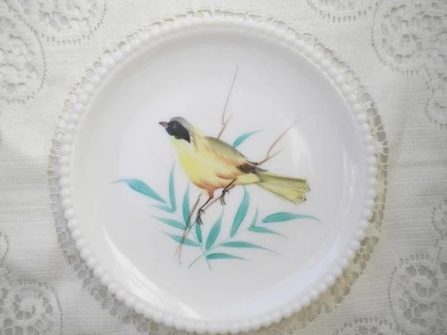 Vintage Westmoreland Beaded Edge Hand Painting Milk Glass Plate, Yellow Warbler