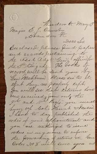MOH General Thomas Seaver Civil War Letter to Major E.J Ormsbee 12th Vermont Inf