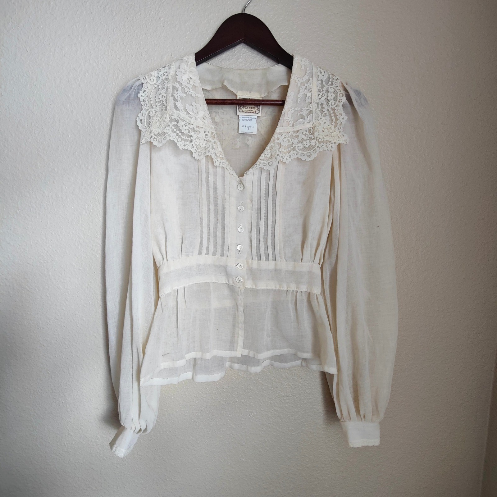 Vintage 70s Gunne Sax Victorian Blouse Cream Lace Cotton Voile Boho Hippie Small